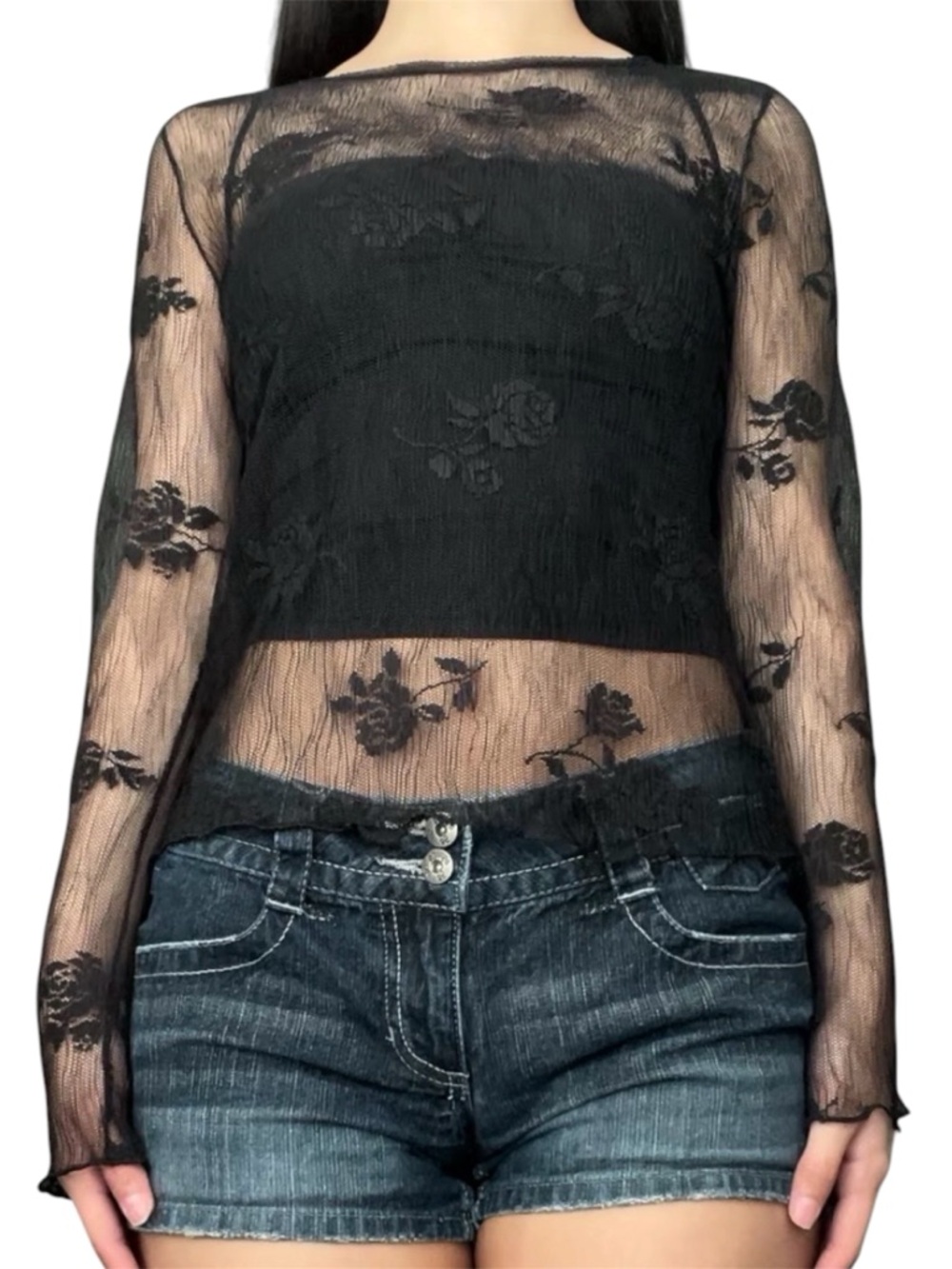 Black Sheer Floral Lace Long-Sleeve Top - Women's